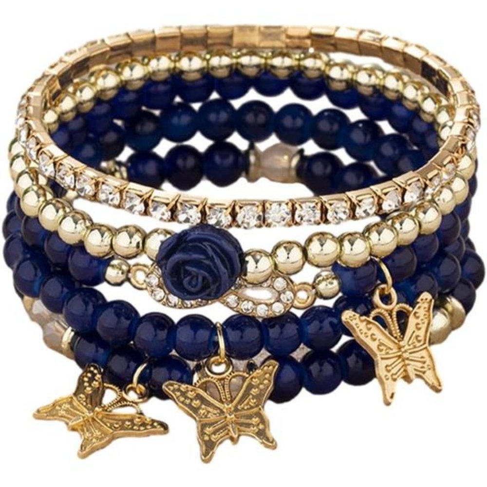 4 Pcs Butterfly Charm Bracelets Set Gold Beaded Stackable Stretch Bracelets